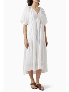 FRAME Puff Sleeve Gathered Broderie Anglaise Midi Dress White Eyelet Medium